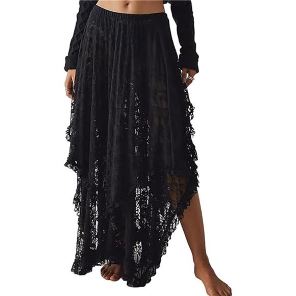 Lace Skirts For Women Flowy Boho Maxi Skirt Elastic Asymmetrical Layered